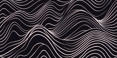 Black and white wavy lines create an optical illusion of a three-dimensional surface, with a sense of movement and depth, in an abstract digital art style.