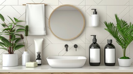   A bathroom featuring a sink, mirror, two soap dispensers, and plants - obrazy, fototapety, plakaty