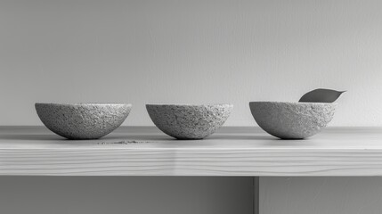   Three bowls sit aligned on a wooden table
