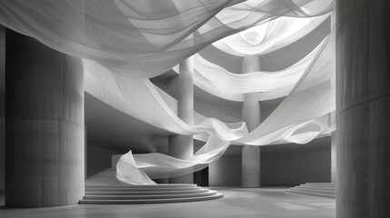   A monochrome image of a staircase in a structure, adorned with white drapes suspended from its ceiling