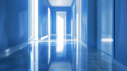   A long hallway with bright blue walls is illuminated by a bright light at its end