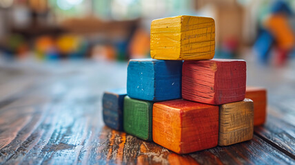 kid playing wooden colorful toy blocks on wooden table .