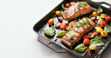 Mediterranean roasted salmon fish fillet with tomatoes, basil and olives in frying pan on white background with copy space