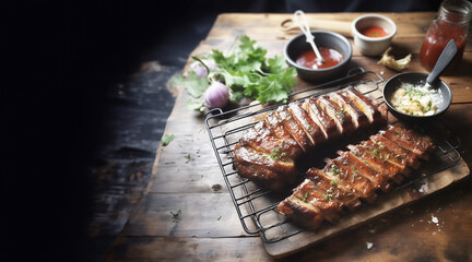 Deliciously roasted pork ribs with slices of meat and BBQ sauces on rustic wooden background