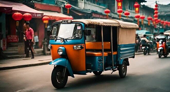 Tuk tuk in an Asian city.
