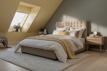 Fototapeta na wymiar Moderne Schlafzimmergestaltung mit Dachschrägen, Dachfenster und stilvollen Möbeln für gemütliche und ruhige Atmosphäre