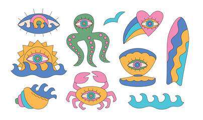 Summer groovy abstract surf, waves, shell, crab, octopus. Trippy bright designs for t-shirt print, poster, sticker, logo