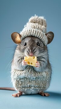 Naklejki Adorable mouse in a knitted hat holding a piece of cheese, with a soft-focused background