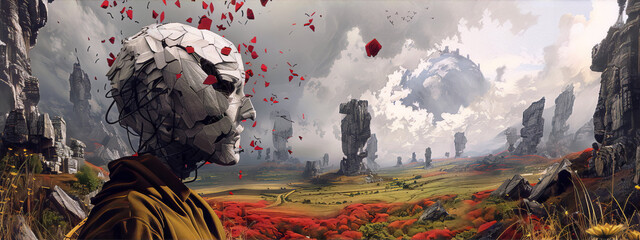 A surreal landscape with a human-like figure wearing a brown cloak stands in a field of red flowers with a large rock formation in the background and a stormy sky. - obrazy, fototapety, plakaty