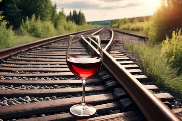 Glasses of wine at railroad tracks. Old vintage background track rails with alcohol goes away. Railroad single track through woods or forest. Travel concept. Copy space for site