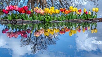  Colorful tulips reflect in tranquil pond waters Tree and sky form backdrop