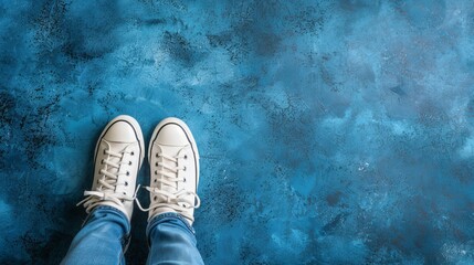   A person's feet, each wearing white tennis shoes, are placed on a blue-gray surface The soles of their shoes bear black spots - obrazy, fototapety, plakaty