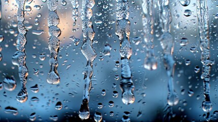   A tight shot of water droplets clinging to a window, backdrop of a blue sky