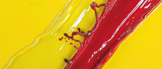   A tight shot of red and yellow liquids merged in a container against a yellow backdrop, the background itself filled with these same hues
