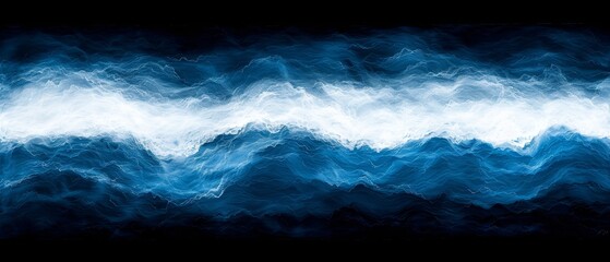  A painting of a blue-and-white wave against a black backdrop featuring a central white stripe