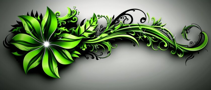   A green flower with swirling black and white leaves against a gray background Insert your text here