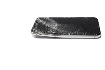 Broken cracked curved phone smartphone closeup isolated on white background with shadow, top and...