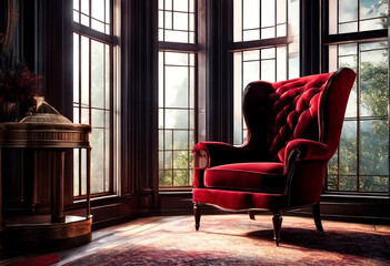 Retro vintage dark red armchair against large light window in living room. Background stylish loft interior mock up photo with chair. Backdrop design interior wallpaper. Copy text space