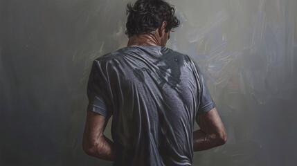 A hyper realistic painting of a man's sweaty back ,with dark hair ,wearing a gray t-shirt ,on a gray background ,in the style of Caravaggio .