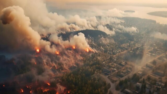 Drone view, forest fires near urban communities, forest fires, environmental problems