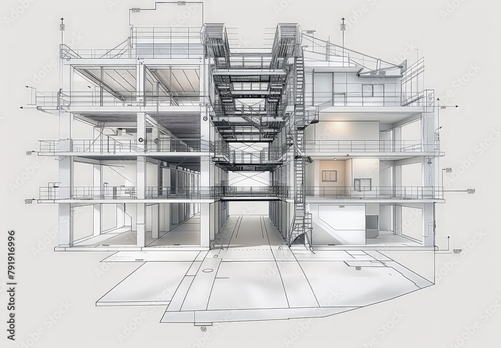 Poster Industrial building wireframe rendering with architectural and construction details
