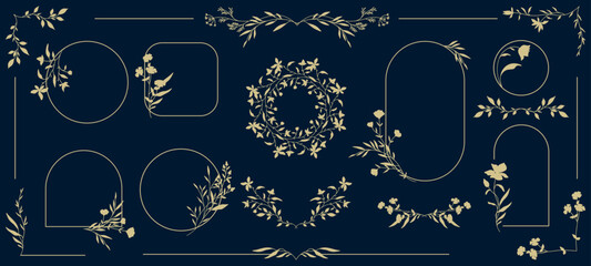 Obraz premium Luxury floral frames and logo templates with silhouettes of branches, leaves and flowers. Vector hand drawn delicate elements for wedding invitation, card, logo, label, branding, save the date