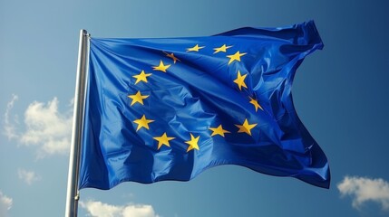 European Union flag waving against a blue sky