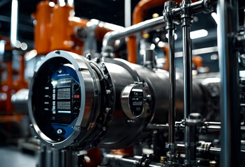 Fototapeta na wymiar Industrial interior of water pumps, valves, pressure gauges, motors inside engine room. Industry pump in an technical room, urban modern powerful pipelines, automatic control systems. Copy space