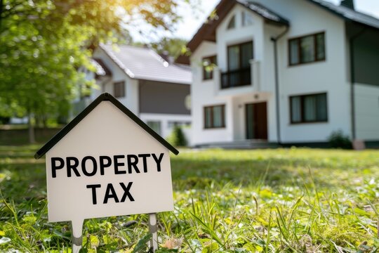 Sign with text "PROPERTY TAX" on a lawn, modern house in the background.
