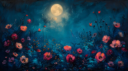 Moonlit Garden Reverie: Mystical Oil Painting of Moonlight Illuminating Flowers and Butterflies