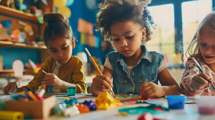 Children are painting, coloring and making crafts with various materials, creating a creative and cheerful atmosphere, a picture for Children's Day