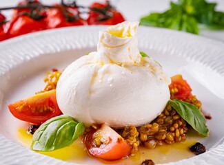 Burrata cheese served on white plate