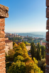 Perugia medieval historic center old skyline and Umbria countryside from city medieval walls