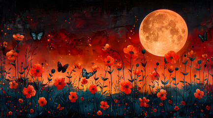 Eclipse Enchantment: Mystical Oil Painting of Lunar Eclipse Over Glowing Garden - obrazy, fototapety, plakaty
