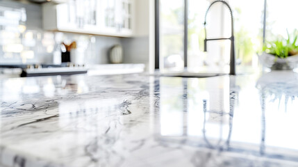 Marble kitchen empty luxury countertop black and white, soft focus. Scene showcase template for promotional items, banner. Modern kitchen design