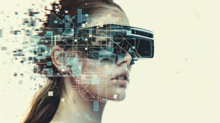 A woman wearing VR glasses depicting virtual reality technology with digital graphic as metaverse world AIGX04