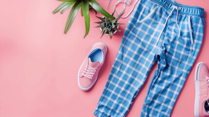 Blue and pink checked pants, pink sneakers and green plant on a pink background. Fashion, still...