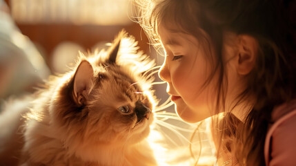 A smiling girl enjoys tender moments with his pet cat. The concept of love for animals, people’s attitude towards animals, feeding and caring for them