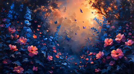 Glowing Garden Serenity: Oil Painting of Flowers and Butterflies Emitting Soft Radiance