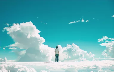 Fotobehang Lonely man standing on the clouds reaching the sky in a surreal dreamscape painting © AdnanArif