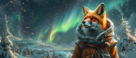 A fox wearing a coat stands in the snow, looking at the aurora borealis.