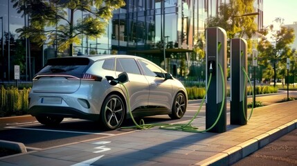 Modern electric car charges its batteries while parked at a charging station on a street, thereby reducing pollution and climate change by using clean alternative energy