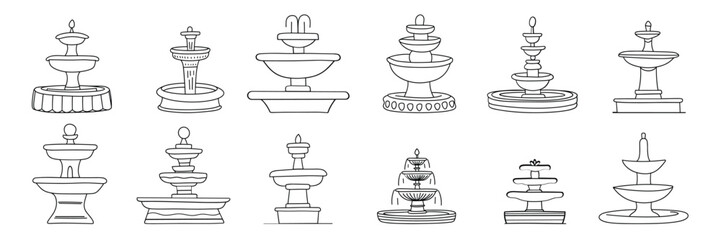 Collection of fountain in doodle style. Fountain icons set. Hand drawn vector art.