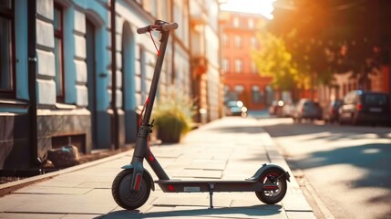 Electric scooter is parked on the side of the street on a sunny day. The midday sun brightly...