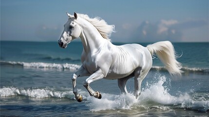 Naklejka na ściany i meble White horse running on beach, alone, strong, majestic Illustration of powerful horse galloping amidst nature, with shadow Horseback riding, farm, wildlife