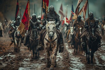 An intense portrayal of medieval knights on horseback, ready for battle, with a backdrop of war flags and a muddy field