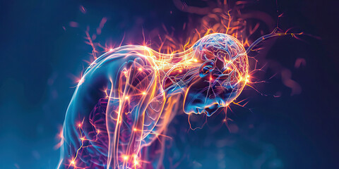 Neuropathic Pain: The Burning Sensation and Hypersensitivity - Imagine a person with highlighted nerves showing dysfunction, experiencing burning sensation and hypersensitivity - obrazy, fototapety, plakaty