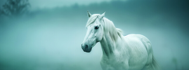 Ethereal White Horse in Misty Landscape
 - obrazy, fototapety, plakaty