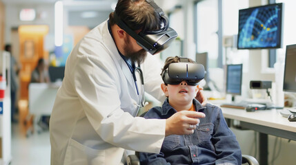A boy is engaged in virtual reality therapy under the supervision of a doctor. New modern technologies in pediatrics