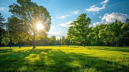 Landscape in summer with trees and meadows under bright sunshine